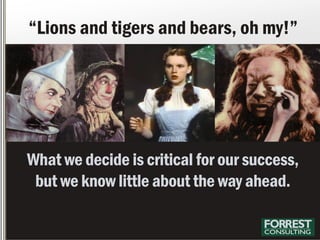 What we decide is critical for our success,
but we know little about the way ahead.
“Lions and tigers and bears, oh my!”
 