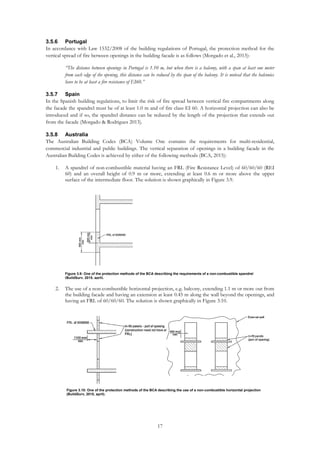 17
3.5.6 Portugal
In accordance with Law 1532/2008 of the building regulations of Portugal, the protection method for the
vertical spread of fire between openings in the building facade is as follows (Morgado et al., 2013):
“The distance between openings in Portugal is 1.10 m, but when there is a balcony, with a span at least one meter
from each edge of the opening, this distance can be reduced by the span of the balcony. It is noticed that the balconies
have to be at least a fire resistance of EI60.”
3.5.7 Spain
In the Spanish building regulations, to limit the risk of fire spread between vertical fire compartments along
the facade the spandrel must be of at least 1.0 m and of fire class EI 60. A horizontal projection can also be
introduced and if so, the spandrel distance can be reduced by the length of the projection that extends out
from the facade (Morgado & Rodrigues 2013).
3.5.8 Australia
The Australian Building Codes (BCA) Volume One contains the requirements for multi-residential,
commercial industrial and public buildings. The vertical separation of openings in a building facade in the
Australian Building Codes is achieved by either of the following methods (BCA, 2015):
1. A spandrel of non-combustible material having an FRL (Fire Resistance Level) of 60/60/60 (REI
60) and an overall height of 0.9 m or more, extending at least 0.6 m or more above the upper
surface of the intermediate floor. The solution is shown graphically in Figure 3.9.
2. The use of a non-combustible horizontal projection, e.g. balcony, extending 1.1 m or more out from
the building facade and having an extension at least 0.45 m along the wall beyond the openings, and
having an FRL of 60/60/60. The solution is shown graphically in Figure 3.10.
Figure 3.9: One of the protection methods of the BCA describing the requirements of a non-combustible spandrel
(BuildSurv, 2015, april).
Figure 3.10: One of the protection methods of the BCA describing the use of a non-combustible horizontal projection
(BuildSurv, 2015, april).
 