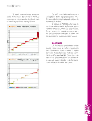 20
Os gráficos ao lado mostram que a
utilização de dados agrupados possui influ-
ência no cálculo do indicador pelo método de
aproximação de área.
O cálculo do AUROC pela regra do
trapézio e pela derivação do Teste de Mann-
-Whitney-Wilcoxon (MWW) são aproximados.
Porém, a regra do trapézio apresenta valo-
res fora do intervalo tanto para os dados não
agrupados como para os dados agrupados.
Conclusão
Os resultados apresentados neste
estudo indicam que a melhor metodologia
para o cálculo do indicador AUROC é pela
derivação da estatística do Teste de Mann-
-Whitney-Wilcoxon (MWW). Este método de
cálculo não apresenta valores fora do interva-
lo esperado para o indicador e não é impacta-
do na utilização de dados agrupados.
A seguir, apresentamos a compa-
ração do resultado de cálculo do AUROC
cotejando as três propostas de cálculo para
os dados agrupados e não agrupados.
 