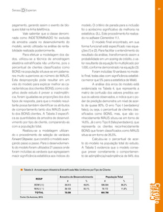 31
pagamento, gerando assim o evento de blo-
queio total na linha telefônica.
Vale salientar que a classe denomi-
nada como INDETERMINADO foi excluída
da amostra usada no desenvolvimento do
modelo, sendo utilizada na análise de renta-
bilidade realizada posteriormente.
Para efetuar a modelagem dos da-
dos, utilizou-se a técnica de amostragem
aleatória estratificada não uniforme, pois o
percentual de clientes classificados como
BONS na população situava-se em patama-
res muito superiores ao número de MAUS.
Esta desproporção pode resultar em um
viés do modelo para explicar melhor as ca-
racterísticas dos clientes BONS; como o ob-
jetivo deste estudo é prever a inadimplên-
cia, foram igualadas as proporções dos dois
tipos de resposta, para que o modelo resul-
tante possa também identificar os atributos
de comportamento tanto dos MAUS quan-
to dos BONS clientes. A Tabela 3 especifi-
ca as quantidades da amostra de desenvol-
vimento por tipo de cliente, comparando-as
com a população total.
Realizou-se a modelagem utilizan-
do o procedimento de seleção de variáveis
Forward Stepwise, que constrói o modelo avan-
çando passo a passo. Para o desenvolvimen-
to do modelo foram utilizados 21 passos onde
foram incluídas as variáveis que agregassem
maior significância estatística aos índices do
modelo. O critério de parada para a inclusão
foi o acréscimo significativo de melhoria na
estatística -2LL. Este procedimento foi realiza-
do no software Clementine 11.1.
O modelo final encontrado, em sua
forma funcional está especificado nas equa-
ções (1) e (2). Para facilitar o entendimento do
resultado da análise, transformando assim a
probabilidade em um scoring de crédito, o va-
lor resultante da equação foi multiplicado por
1.000,conformedemonstradonaequação(3):
Foramincluídas19variáveisnomode-
lo final, todas elas com significância estatísti-
ca menor que 5% para a estatística de Wald.
A análise dos erros do modelo está
evidenciada na Tabela 4, que representa a
matriz de confusão dos valores preditos ver-
sus os valores observados, e indica que o po-
der de predição demonstra um nível de acer-
to de quase 80%. O erro Tipo I (verdadeiro/
falso), ou seja, o percentual de clientes clas-
sificados como BONS, mas, que são co-
nhecidamente MAUS situou-se em torno de
14,6%. Já o erro Tipo II (falso/verdadeiro), que
representa os clientes reconhecidamente
BONS que foram classificados como MAUS
situa-se em torno de 26,5%.
Calculou-se o percentual de acer-
to do modelo na população total do estudo.
A Tabela 5 evidencia que o modelo conse-
gue prever corretamente o comportamen-
to de adimplência/inadimplência de 84% dos
Tabela 3: AmostragemAleatória Estratificada Não Uniforme porTipo de Cliente
Fonte: OsAutores, 2013.
RESP
Amostra de Desenvolvimento PopulaçãoTotal
# % # %
BOM ( 0 ) 38.913 49,9% 586.594 88,2%
MAU ( 1 ) 39.123 50,1% 78.172 11,8%
TOTAL 78.036 664.766
 