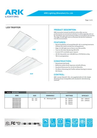 Data parameter
Page: 1 of 2
2x2’
2x4’
0-10V
DIMMABLE WIDE BEAM
5
YR
WARRANTY
110
LPW
EFFICACY
120-
277V
UNIVERSAL50,000 H
ARK Lighting (Shenzhen) Co.,Ltd.
PRODUCT DESCRIPTION:
FEATURES:
CONSTRUCTION:
CONTROL:
MODEL SELECTION
LED TROFFER
EFFICACYWATTAGEARK
24= 24watts
30= 30watts
110= 110lm/w
125= 125lm/w
Typical order example:ARK24D3011
DIMMABLE
LM 80LM 79 TM 21 IES
SIS FIA
E
L
D
C
LED prduct partrner
ARK Lensed Retrofit Kits are supplied with a 0-10v simple
ARK22R24110D
ARK22R24125D
ARK22R30110D
ARK22R30125D
80
CRI(Ra）
SIZE
Custom CCTs available upon request
Standard Dimension for 2x4 & 2x2 Retrofits
Reflective white finish improves retrofit efficacy
ARK innovative Lensed retrofit kit series offer service
be retrofited into most existing troffers in just about 10 minutes.
professionals an economical solution to safely upgrade and can
The edge-lit LED light source emanates the perfect ambience
into the environment.
Quick Installation of Lensed Retrofit Kit in existing luminaire
without the need to break the ceiling plenum.
Edge-Lit LED light source hence very thin profile.
True to Life Color Rendering CRI of 83
LM-80 chip yields over 100,000 hour L70 lifetime using
TM-21 extrapolation
Galvanized steel body.
Fits Most of Existing 2x4 Troffer without having to remove
the fixture.
dimming driver Compatible with standard 0-10v dimming
controls
D= Dimming (0-10V)22=
24=
ARK24R40110D
ARK24R40125D
ARK24R50110D
ARK24R50125D
40= 40watts
50= 50watts
 