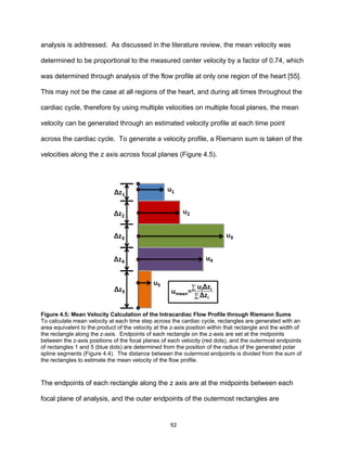 92
analysis is addressed. As discussed in the literature review, the mean velocity was
determined to be proportional to the measured center velocity by a factor of 0.74, which
was determined through analysis of the flow profile at only one region of the heart [55].
This may not be the case at all regions of the heart, and during all times throughout the
cardiac cycle, therefore by using multiple velocities on multiple focal planes, the mean
velocity can be generated through an estimated velocity profile at each time point
across the cardiac cycle. To generate a velocity profile, a Riemann sum is taken of the
velocities along the z axis across focal planes (Figure 4.5).
Figure 4.5: Mean Velocity Calculation of the Intracardiac Flow Profile through Riemann Sums
To calculate mean velocity at each time step across the cardiac cycle, rectangles are generated with an
area equivalent to the product of the velocity at the z-axis position within that rectangle and the width of
the rectangle along the z-axis. Endpoints of each rectangle on the z-axis are set at the midpoints
between the z-axis positions of the focal planes of each velocity (red dots), and the outermost endpoints
of rectangles 1 and 5 (blue dots) are determined from the position of the radius of the generated polar
spline segments (Figure 4.4). The distance between the outermost endpoints is divided from the sum of
the rectangles to estimate the mean velocity of the flow profile.
The endpoints of each rectangle along the z axis are at the midpoints between each
focal plane of analysis, and the outer endpoints of the outermost rectangles are
 