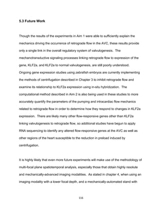 116
5.3 Future Work
Though the results of the experiments in Aim 1 were able to sufficiently explain the
mechanics driving the occurrence of retrograde flow in the AVC, these results provide
only a single link in the overall regulatory system of valvulogenesis. The
mechanotransductive signaling processes linking retrograde flow to expression of the
gene, KLF2a, and KLF2a to normal valvulogenesis, are still poorly understood.
Ongoing gene expression studies using zebrafish embryos are currently implementing
the methods of centrifugation described in Chapter 3 to inhibit retrograde flow and
examine its relationship to KLF2a expression using in-situ hybridization. The
computational method described in Aim 2 is also being used in these studies to more
accurately quantify the parameters of the pumping and intracardiac flow mechanics
related to retrograde flow in order to determine how they respond to changes in KLF2a
expression. There are likely many other flow-responsive genes other than KLF2a
linking valvulogenesis to retrograde flow, so additional studies have begun to apply
RNA sequencing to identify any altered flow-responsive genes at the AVC as well as
other regions of the heart susceptible to the reduction in preload induced by
centrifugation.
It is highly likely that even more future experiments will make use of the methodology of
multi-focal plane spatiotemporal analysis, especially those that obtain highly resolute
and mechanically-advanced imaging modalities. As stated in chapter 4, when using an
imaging modality with a lower focal depth, and a mechanically-automated stand with
 