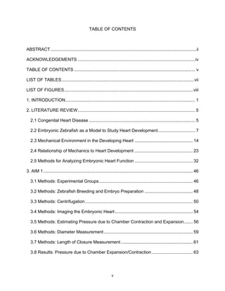 v
TABLE OF CONTENTS
ABSTRACT......................................................................................................................ii
ACKNOWLEDGEMENTS ...............................................................................................iv
TABLE OF CONTENTS .................................................................................................. v
LIST OF TABLES...........................................................................................................vii
LIST OF FIGURES........................................................................................................ viii
1. INTRODUCTION......................................................................................................... 1
2. LITERATURE REVIEW............................................................................................... 5
2.1 Congenital Heart Disease ...................................................................................... 5
2.2 Embryonic Zebrafish as a Model to Study Heart Development.............................. 7
2.3 Mechanical Environment in the Developing Heart ............................................... 14
2.4 Relationship of Mechanics to Heart Development ............................................... 23
2.5 Methods for Analyzing Embryonic Heart Function ............................................... 32
3. AIM 1......................................................................................................................... 46
3.1 Methods: Experimental Groups............................................................................ 46
3.2 Methods: Zebrafish Breeding and Embryo Preparation ....................................... 48
3.3 Methods: Centrifugation....................................................................................... 50
3.4 Methods: Imaging the Embryonic Heart............................................................... 54
3.5 Methods: Estimating Pressure due to Chamber Contraction and Expansion....... 56
3.6 Methods: Diameter Measurement........................................................................ 59
3.7 Methods: Length of Closure Measurement .......................................................... 61
3.8 Results: Pressure due to Chamber Expansion/Contraction ................................. 63
 