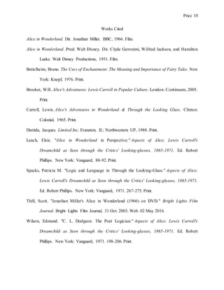 Price 10
Works Cited
Alice in Wonderland. Dir. Jonathan Miller. BBC, 1966. Film.
Alice in Wonderland. Prod. Walt Disney. Dir. Clyde Geronimi, Wilfred Jackson, and Hamilton
Luske. Walt Disney Productions, 1951. Film.
Bettelheim, Bruno. The Uses of Enchantment: The Meaning and Importance of Fairy Tales. New
York: Knopf, 1976. Print.
Brooker, Will. Alice's Adventures: Lewis Carroll in Popular Culture. London: Continuum, 2005.
Print.
Carroll, Lewis. Alice's Adventures in Wonderland & Through the Looking Glass. Clinton:
Colonial, 1965. Print.
Derrida, Jacques. Limited Inc. Evanston, IL: Northwestern UP, 1988. Print.
Leach, Elsie. "Alice in Wonderland in Perspective." Aspects of Alice; Lewis Carroll's
Dreamchild as Seen through the Critics' Looking-glasses, 1865-1971. Ed. Robert
Phillips. New York: Vanguard, 88-92. Print.
Spacks, Patricia M. "Logic and Language in Through the Looking-Glass." Aspects of Alice;
Lewis Carroll's Dreamchild as Seen through the Critics' Looking-glasses, 1865-1971.
Ed. Robert Phillips. New York: Vanguard, 1971. 267-275. Print.
Thill, Scott. "Jonathan Miller's Alice in Wonderland (1966) on DVD." Bright Lights Film
Journal. Bright Lights Film Journal, 31 Oct. 2003. Web. 02 May 2016.
Wilson, Edmund. "C. L. Dodgson: The Poet Logician." Aspects of Alice; Lewis Carroll's
Dreamchild as Seen through the Critics' Looking-glasses, 1865-1971. Ed. Robert
Phillips. New York: Vanguard, 1971. 198-206. Print.
 