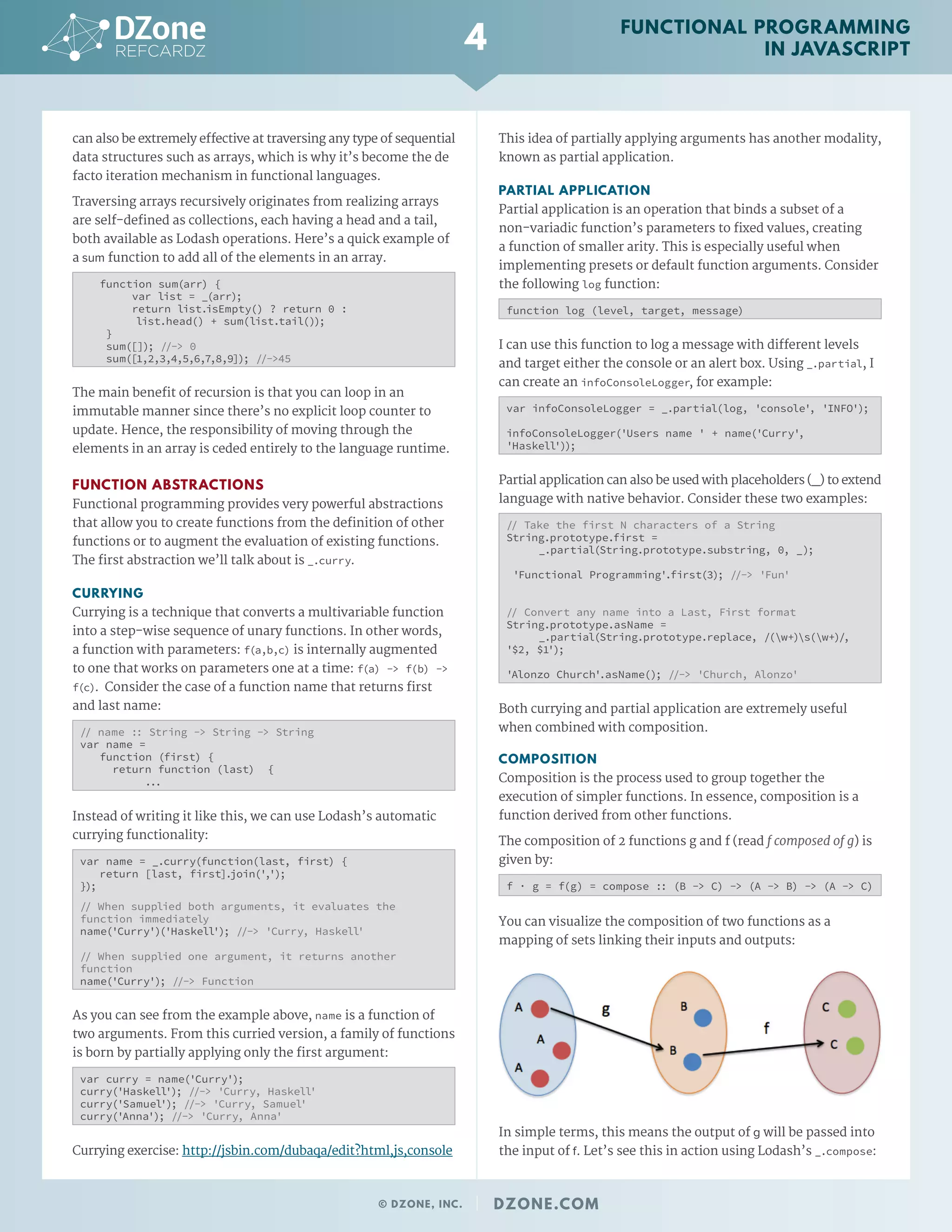 can also be extremely effective at traversing any type of sequential
data structures such as arrays, which is why it’s become the de
facto iteration mechanism in functional languages.
Traversing arrays recursively originates from realizing arrays
are self-defined as collections, each having a head and a tail,
both available as Lodash operations. Here’s a quick example of
a sum function to add all of the elements in an array.
function sum(arr) {
var list = _(arr);
return list.isEmpty() ? return 0 :
	 list.head() + sum(list.tail());
}
sum([]); //-> 0
sum([1,2,3,4,5,6,7,8,9]); //->45
The main benefit of recursion is that you can loop in an
immutable manner since there’s no explicit loop counter to
update. Hence, the responsibility of moving through the
elements in an array is ceded entirely to the language runtime.
FUNCTION ABSTRACTIONS
Functional programming provides very powerful abstractions
that allow you to create functions from the definition of other
functions or to augment the evaluation of existing functions.
The first abstraction we’ll talk about is _.curry.
CURRYING
Currying is a technique that converts a multivariable function
into a step-wise sequence of unary functions. In other words,
a function with parameters: f(a,b,c) is internally augmented
to one that works on parameters one at a time: f(a) -> f(b) ->
f(c). Consider the case of a function name that returns first
and last name:
// name :: String -> String -> String
var name =
function (first) {
return function (last) {
...
Instead of writing it like this, we can use Lodash’s automatic
currying functionality:
var name = _.curry(function(last, first) {
return [last, first].join(',');
});
// When supplied both arguments, it evaluates the
function immediately
name('Curry')('Haskell'); //-> 'Curry, Haskell'
// When supplied one argument, it returns another
function
name('Curry'); //-> Function
As you can see from the example above, name is a function of
two arguments. From this curried version, a family of functions
is born by partially applying only the first argument:
var curry = name('Curry');
curry('Haskell'); //-> 'Curry, Haskell'
curry('Samuel'); //-> 'Curry, Samuel'
curry('Anna'); //-> 'Curry, Anna'
Currying exercise: http://jsbin.com/dubaqa/edit?html,js,console
This idea of partially applying arguments has another modality,
known as partial application.
PARTIAL APPLICATION
Partial application is an operation that binds a subset of a
non-variadic function’s parameters to fixed values, creating
a function of smaller arity. This is especially useful when
implementing presets or default function arguments. Consider
the following log function:
function log (level, target, message)
I can use this function to log a message with different levels
and target either the console or an alert box. Using _.partial, I
can create an infoConsoleLogger, for example:
var infoConsoleLogger = _.partial(log, 'console', 'INFO');
infoConsoleLogger('Users name ' + name('Curry',
'Haskell'));
Partial application can also be used with placeholders (_) to extend
language with native behavior. Consider these two examples:
// Take the first N characters of a String
String.prototype.first =
_.partial(String.prototype.substring, 0, _);
'Functional Programming'.first(3); //-> 'Fun'
// Convert any name into a Last, First format
String.prototype.asName = 	
_.partial(String.prototype.replace, /(w+)s(w+)/,
'$2, $1');
'Alonzo Church'.asName(); //-> 'Church, Alonzo'
Both currying and partial application are extremely useful
when combined with composition.
COMPOSITION
Composition is the process used to group together the
execution of simpler functions. In essence, composition is a
function derived from other functions.
The composition of 2 functions g and f (read f composed of g) is
given by:
f · g = f(g) = compose :: (B -> C) -> (A -> B) -> (A -> C)
You can visualize the composition of two functions as a
mapping of sets linking their inputs and outputs:
In simple terms, this means the output of g will be passed into
the input of f. Let’s see this in action using Lodash’s _.compose:
4
© DZONE, INC. | DZONE.COM
FUNCTIONAL PROGRAMMING
IN JAVASCRIPT
 