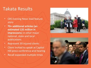 Takata Results
• CBS Evening News lead feature
story
• 70+ additional articles (an
estimated 135 million in
impressions) in other major
national, state and local
publications
• Represent 30 injured clients
• Client invited to speak at Capitol
Hill press conference and hearing
• Recall expanded multiple times
 