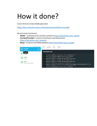 How it done?
Create .NetCore simple webApiapplication
(https://docs.microsoft.com/en-us/aspnet/core/tutorials/first-mvc-app/)
We will create 4 containers:
- NGINX– Load balancerforcoreApi’scontainers(https://hub.docker.com/_/nginx/)
- CoreApi1/CoreApi2– ContainerwithUbuntuoperatingsystem
(https://hub.docker.com/_/ubuntu/)
- Mysql – ContainerwithMySql database (https://hub.docker.com/_/mysql/)
 