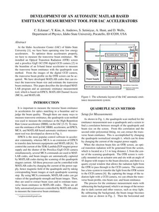 DEVELOPMENT OF AN AUTOMATIC MATLAB BASED
EMITTANCE MEASUREMENT TOOL FOR IAC ACCELERATORS
C. Eckman∗
, Y. Kim, A. Andrews, S. Setiniyaz, A. Hunt, and D. Wells,
Department of Physics, Idaho State University, Pocatello, ID 83209, USA
Abstract
At the Idaho Accelerator Center (IAC) of Idaho State
University [1], we have been operating nine low energy
accelerators. To optimize those accelerators properly,
we have to measure the transverse beam emittance. We
installed an Optical Transition Radiation (OTR) screen
and a prosilica GigE GC1290 digital CCD camera [2] in
the beamline of an S-band linear accelerator to measure
the transverse beam emittance with the quadrupole scan
method. From the images of the digital CCD camera,
the transverse beam proﬁle on the OTR screen can be ac-
quired. We have developed MATLAB codes that can ex-
tract the transverse beam size and estimate the transverse
beam emittance. This paper describes the developed MAT-
LAB program and an automatic emittance measurement
tool, which is based on EPICS, MATLAB Channel Access
(MCA), and MATLAB.
INTRODUCTION
It is important to measure the traverse beam emittance
in accelerators for optics matching in a beamline and to
judge the beam quality. Though there are many ways to
measure transverse emittance, the quadrupole scan method
was used to measure the emittance at the High Repetition
Rate Linear accelerator (HRRL) at the IAC [3–5]. To mea-
sure the emittance of the IAC HRRL accelerator, an EPICS,
MCA, and MATLAB based automatic emittance measure-
ment tool was developed as shown in Fig. 1.
EPICS is the most popular control software in acceler-
ator community, whereas MCA is an extension of EPICS
to transfer data between equipments and MATLAB [6]. To
control the current of the TDK-Lambda ZUP magnet power
supply and the shutter of the Prosilica GigE CCD camera
simultaneously, several MCA commands are used in MAT-
LAB codes, and beam images are automatically captured
by MATLAB codes during the scanning of the quadrupole
magnet current. All these processes can be controlled with
MATLAB codes by changing the current of the power sup-
ply, hence magnetic ﬁeld of the quadrupole and by taking
corresponding beam images at each quadrupole scanning
step. By using MCA commands, MATLAB codes can get
values of the quadrupole strength and beam images. Then,
they are used to extract beam sizes and to estimate trans-
verse beam emittance in MATLAB codes. These are all
fully automatized processes controlled by MATLAB codes
to measure the transverse beam emittance.
∗ cryptoscientia@gmail.com
Figure 1: The schematic layout of the IAC automatic emit-
tance measurement system.
QUADRUPLE SCAN METHOD
Setup for Measurements
As shown in Fig. 1, the quadrupole scan method for the
emittance measurement uses a quadrupole and a screen to
ﬁnd a correlation between strength of the quadrupole and
beam size on the screen. From this correlation and the
second order polynomial ﬁtting, we can extract the trans-
verse beam emittance. This is accomplished by changing
the quadrupole normalized strength k, which can be done
by changing the current of the magnet power supply.
When the electron beam hits an OTR screen, an opti-
cal transition radiation will be generated from the screen,
which is located at a 3.1 m long distance L from the cen-
ter of the scanning quadrupole. The OTR screen is verti-
cally mounted on an actuator arm and sits with an angle of
45 degree with respect to the beam direction, and there is a
quartz crystal window that allows the radiation light from
the OTR to pass through to the CCD camera. The camera
has a lens system to transfer the light from the OTR screen
to the CCD camera [4]. By capturing the image of the ra-
diation light with a CCD camera, we can obtain the trans-
verse beam proﬁle, rms beam size, and beam emittance.
The process for the emittance measurement starts with
subtracting the background, which is an image of the noises
due to dark current and other sources, such as stray light.
By subtracting the background, the beam image becomes
more clear as shown in Fig. 2. Then the horizontal and
 