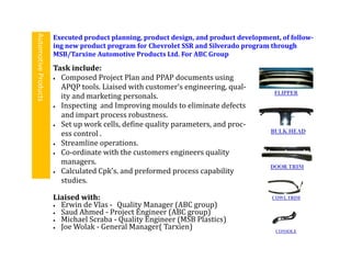 Executed product planning, product design, and product development, of follow-
ing new product program for Chevrolet SSR and Silverado program through
MSB/Tarxine Automotive Products Ltd. For ABC Group
Task include:
 Composed Project Plan and PPAP documents using
APQP tools. Liaised with customer’s engineering, qual-
ity and marketing personals.
 Inspecting and Improving moulds to eliminate defects
and impart process robustness.
 Set up work cells, define quality parameters, and proc-
ess control .
 Streamline operations.
 Co-ordinate with the customers engineers quality
managers.
 Calculated Cpk’s. and preformed process capability
studies.
AutomotiveProducts
Liaised with:
 Erwin de Vlas - Quality Manager (ABC group)
 Saud Ahmed - Project Engineer (ABC group)
 Michael Scraba - Quality Engineer (MSB Plastics)
 Joe Wolak - General Manager( Tarxien)
 