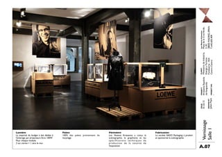 ISSUE
01.25.15
DRAWNBY
JulienPajot
CLIENT
MinisteriodeIndustria,
EnergíayTurismo
Fundesarte-EOI
CentroCentro
PROJECT
ArtesaníaEspañola
deVanguardia
PROJECTNO.
-
LosNuevosArtesanos
PlazadelaCruzVerde,
3,3C
28005MADRID,SPAIN
T.645.605.409
A.07
Vernissage
Salle1
Lumière
La majorité du budget à été dédiée à
l'éclairage par projecteurs Erco 100W
Pour chaque module:
2 sur vitrine + 1 vers le mur
Palets
100% des palets proviennent du
recyclage
Périmètre
Los Nuevos Artesanos a conçu la
scénographie, le graphisme et les
spéciﬁcations techniques de
production de la totalité de
l'exposition
Fabrication
La société SAGO Packaging a produit
et sponsorisé la scénographie
 