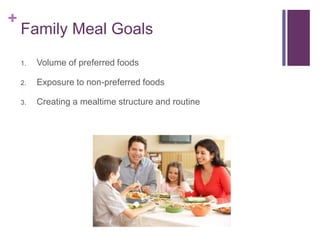 +
Family Meal Goals
1. Volume of preferred foods
2. Exposure to non-preferred foods
3. Creating a mealtime structure and routine
 