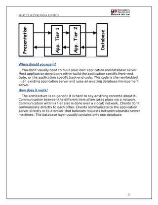 MARUTI SUZUKI INDIA LIMITED
25
When should you use it?
You don't usually need to build your own application and database server.
Most application developers either build the application specific front-end
code, or the application specific back-end code. This code is then embedded
in an existing application server and uses an existing database management
server.
How does it work?
The architecture is so generic it is hard to say anything concrete about it.
Communication between the different tiers often takes place via a network.
Communication within a tier also is done over a (local) network. Clients don't
communicate directly to each other. Clients communicate to the application
server directly or to a broker that balances requests between separate server
machines. The database layer usually contains only one database.
 