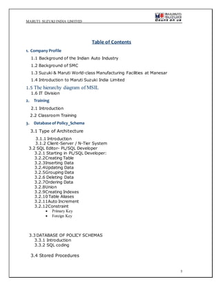 MARUTI SUZUKI INDIA LIMITED
5
Table of Contents
1. Company Profile
1.1 Background of the Indian Auto Industry
1.2 Background of SMC
1.3 Suzuki & Maruti World-class Manufacturing Facilities at Manesar
1.4 Introduction to Maruti Suzuki India Limited
1.5 The hierarchy diagram of MSIL
1.6 IT Division
2. Training
2.1 Introduction
2.2 Classroom Training
3. Database of Policy_Schema
3.1 Type of Architecture
3.1.1 Introduction
3.1.2 Client-Server / N-Tier System
3.2 SQL Editor- PL/SQL Developer
3.2.1 Starting in PL/SQL Developer:
3.2.2Creating Table
3.2.3Inserting Data
3.2.4Updating Data
3.2.5Grouping Data
3.2.6 Deleting Data
3.2.7Ordering Data
3.2.8Union
3.2.9Creating Indexes
3.2.10 Table Aliases
3.2.11Auto Increment
3.2.12Constraint
 Primary Key
 Foreign Key
3.3 DATABASE OF POLICY SCHEMAS
3.3.1 Introduction
3.3.2 SQL coding
3.4 Stored Procedures
 
