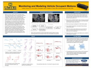 Marker-less motion capture systems using depth cameras,
such as Microsoft Kinect Sensor, recently became a hot issue
in auto industry for their size, price, performance, and
portability. The marker-less motion and face tracking system
is expected to replace the typical optical motion capture
systems and reduce set-up and motion capture time greatly.
The advantages of size and portability of the depth sensor
will enable testing it in an actively running vehicle. In this
study, the Microsoft Kinect v2 depth camera was used to
gather 2.5-dimensional color and depth (RGB-D) data along
with hypothesized skeletal linkage data in real time.
In order to improve the accuracy and performance of the
obtained data, various techniques were implemented in the
developed software, including background removal, face
recognition, noise reduction, and model-based joint location
prediction. Various motions were tested to validate the
system with and without a vehicle mockup structure while
compared to the golden reference data obtained from Vicon
system.
Authors: Hwan Lee, Nevin Mital, Christopher Atkins; Matthew P. Reed, PhD; and Byoung-Keon D. Park, PhD
CONCLUSION
RESULT
11:24:31:850 11:24:38:515 11:24:45:379 11:24:52:92 11:24:58:756
2.0
2.2
2.4
2.6
2.8
3.0
3.2
3.4
A
11:24:31:850 11:24:38:515 11:24:45:379 11:24:52:92 11:24:58:756
1800
2000
2200
2400
2600
2800
3000
3200
3400
C20
A
0 500 1000 1500 2000 2500
0
100
200
300
400
500
Head x
0 500 1000 1500 2000 2500
200
300
400
500
600
700
Head y
0 500 1000 1500 2000 2500
2000
2100
2200
2300
2400
2500
Head z
0 500 1000 1500 2000 2500
-100
-50
0
50
100
150
200
250
300
350
400
Left Shoulder x
0 500 1000 1500 2000 2500
100
150
200
250
300
350
400
450
500
550
600
Left Shoulder y
0 500 1000 1500 2000 2500
2100
2200
2300
2400
2500
Left Shoulder z
0 500 1000 1500 2000 2500
200
250
300
350
400
450
500
550
600
650
700
Right Shoulder x
0 500 1000 1500 2000 2500
0
50
100
150
200
250
300
350
400
450
500
Right Shoulder y
0 500 1000 1500 2000 2500
2050
2100
2150
2200
2250
2300
2350
2400
2450
2500
Right Shoulder z
ABSTRACT
FUTURE WORK
ACKNOWLEDGEMENT
This research was supported by Ford
Motor Company and the Center for Child
Injury Prevention Studies (CChIPS)
Fragment of original joint depth data (top) and
interpolation processed depth data (bottom)
Comparision of aligned skeleton
data from Vicon and Kinect
SOFTWARE DEVELOPMENT
Kinect sensor tracks 25 joints in real time. Missing joints are marked in red color.
Marker-less motion capture system with data refinement software
is reliable and can be used for variety of motion analysis and
safety vehicle system including ingress/egress, human machine
interaction (HMI), child backseat safety, doze driving warning,
and crash motion analysis, etc.
Kinect sensor’s portability benefits variety of testing environment
including testing in active running vehicles which marker-based
motion capture systems cannot achieve.
Kinect sensor range was adequate for vehicle motion capture.
Noise reduction, interpolation, and segment fixing technique
enhanced data quality.
Marker-less motion capture depth sensors do not require any
marker set attached on human body and calibration process
which saves a lot of testing time.
Single Kinect sensor is limited to track hidden joints occluded by
other body parts or obstacles.
Kinect sensor raw data has non-linear spatial depth-resolution problem. Post data
processing software was developed to reduce noise and interpolate missing points.
To overcome Kinect sensor resolution issue,
joint location refinement software was
developed.
Processed Kinect data (red) vs Vicon data for rising arms motion
Processed depth data quality depends on the original depth data
obtained from Kinect sensor. Depends on Kinect direction and
subject orientation, joint locations could be reliable/unreliable.
To overcome this issue, multiple Kinect real-time
synchronization development will be considered.
Using depth data and Vicon data, software will be developed to
improve prediction of poorly tracked motion by matching
motions from motion database pool containing numerous
postures and behaviors of humans.
Monitoring and Modeling Vehicle Occupant Motions