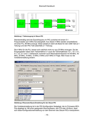 Brenner9 Handbuch




Abbildung 1 Takterzeugung im Steuer-PIC

Standardmäßig wird die Quarzfrequenz im PIC zunächst mit einem 5:1
Frequenzteiler auf 4 MHz heruntergeteilt. Aus diesen 4 MHz werden anschließend
mit einer PLL 96 MHz erzeugt. Diese wiederum dient als Basis für den USB-Takt (2:1
Teilung) und den PIC-Takt (ebenfalls 2:1 Teilung).

Die 4 MHz für die PLL lassen sich natürlich nicht nur aus 20 MHz erzeugen. Da der
Eingangsteiler neben dem Teilverhältnis 5:1 auch die Teilverhältnisse 12:1, 10:1, 6:1,
4:1, 3:2, 2:1 und 1:1 beherrscht, kommen auch Resonatoren/Quarze mit 48 MHz, 40
MHz, 24 MHz, 16 MHz, 12 MHz, 8 MHz und 4 MHz in Frage. Man muss nur die
Vorteilereinstellung ändern.




Abbildung 2 Resonator/Quarz-Einstellung für den Steuer-PIC

Die Vorteilereinstellung ist in der PIC-Konfiguration festgelegt, die im Firmware-HEX-
File abgelegt ist. Mit einer geeigneten Brennsoftware, wie P18 oder US-Burn, lässt
sich diese Konfigurationseinstellung vor dem Brennen des Steuer-PICs manipulieren.

                                          - 16 -
 