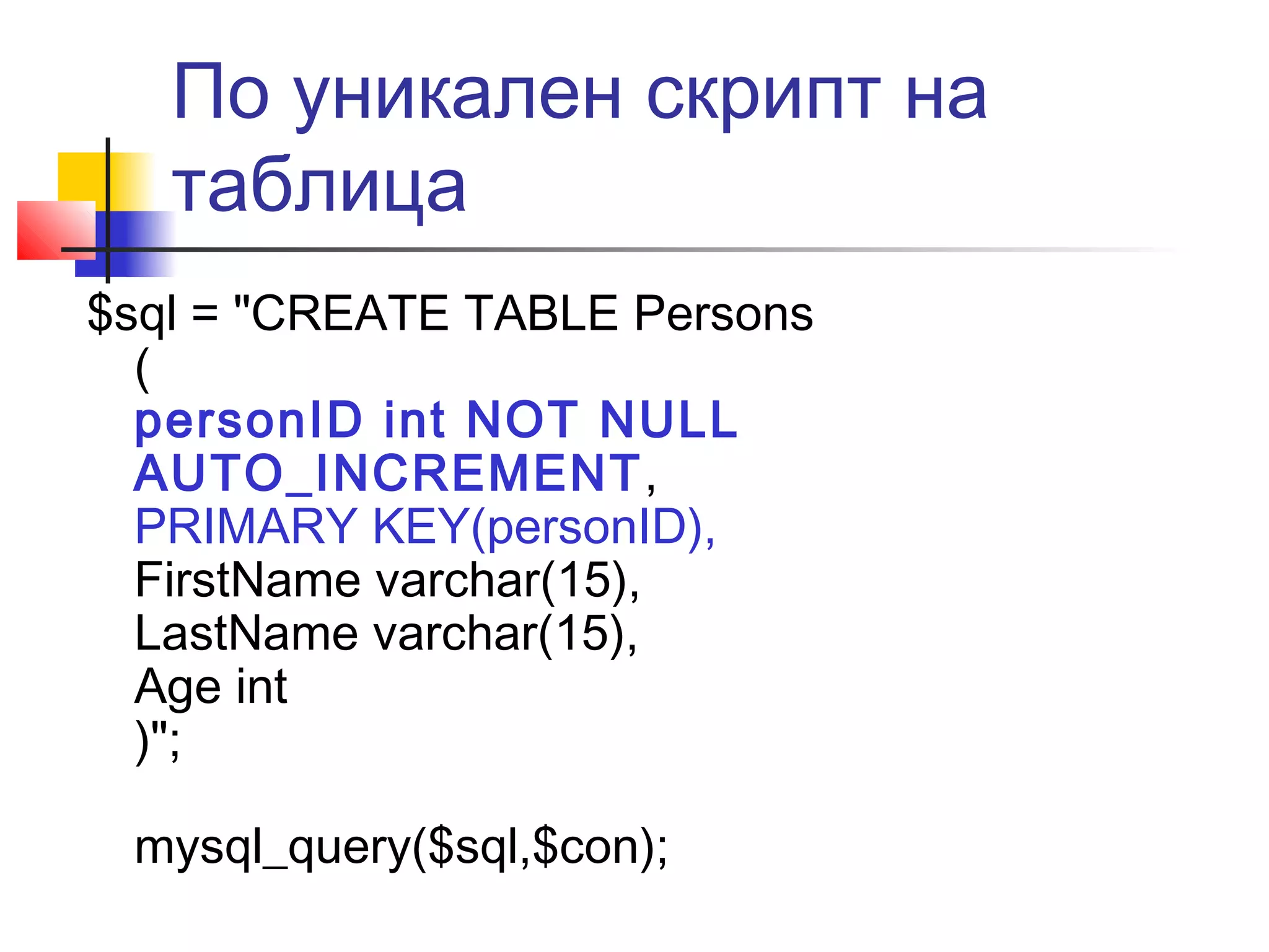 По уникален скрипт на 
таблица 
$sql = "CREATE TABLE Persons 
( 
personID int NOT NULL 
AUTO_INCREMENT, 
PRIMARY KEY(personID), 
FirstName varchar(15), 
LastName varchar(15), 
Age int 
)"; 
mysql_query($sql,$con); 
 