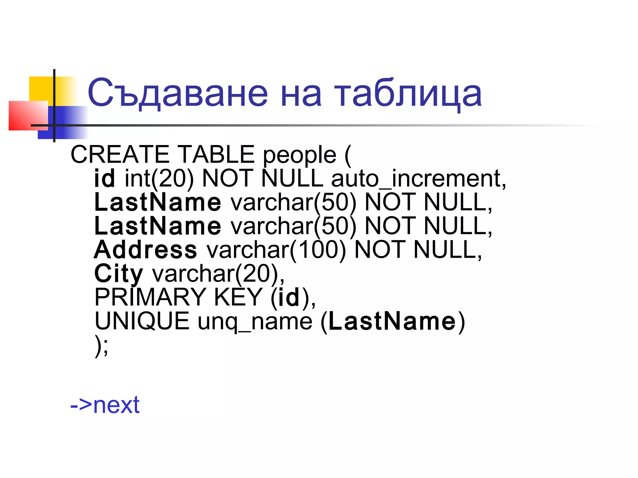 Съдаване на таблица 
CREATE TABLE people ( 
id int(20) NOT NULL auto_increment, 
LastName varchar(50) NOT NULL, 
LastName varchar(50) NOT NULL, 
Address varchar(100) NOT NULL, 
City varchar(20), 
PRIMARY KEY (id), 
UNIQUE unq_name (LastName) 
); 
->next 
 