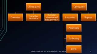 Closed globe
Contusion
Lamellar
laceration
Corneal
abrasion and
foreign bodies
Open globe
Laceration
Penetrating
Perforating
IOFB
Rupture
ThS.BS. Trần Đình Minh Huy - Bộ môn Mắt Đại Học Y Dược TP.HCM 22
 