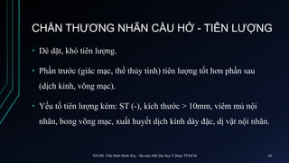 CHẤN THƯƠNG NHÃN CẦU HỞ - TIÊN LƯỢNG
• Dè dặt, khó tiên lượng.
• Phần trước (giác mạc, thể thủy tinh) tiên lượng tốt hơn phần sau
(dịch kính, võng mạc).
• Yếu tố tiên lượng kém: ST (-), kích thước > 10mm, viêm mủ nội
nhãn, bong võng mạc, xuất huyết dịch kính dày đặc, dị vật nội nhãn.
ThS.BS. Trần Đình Minh Huy - Bộ môn Mắt Đại Học Y Dược TP.HCM 64
 