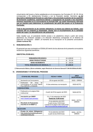 virtual dentro del horario y fecha establecida en el cronograma, los Formatos 01, 02, 03, 04 de
corresponder y 05, debidamente firmados y con la impresión dactilar. Asimismo, el CV
descriptivo (debidamente firmado en cada hoja) y documentado (sustento de los aspectos
de formación académica, experiencia laboral y capacitación de acuerdo a los requisitos
mínimos requeridos en la convocatoria) en formato PDF, sin omitir información relevante
que se requiera para determinar el cumplimiento del perfil del puesto en la Evaluación
Curricular.
Toda la documentación es de carácter obligatorio, la misma que deberá ser foliada, caso
contrario NO se evaluará lo presentado, siendo que el incumplimiento de lo señalado
podrá dar lugar a la descalificación del postulante.
Cabe resaltar que, el postulante tendrá acceso a la plataforma virtual a partir del correo
electrónico de invitación remitido a la dirección electrónica consignada en el Sistema de
Selección de Personal – SISEP, al momento de su inscripción en la presente convocatoria.
(Véase numeral VII)
V. REMUNERACIÓN (*)
El personal que sea contratado en ESSALUD dentro de los alcances de la presente convocatoria
recibirá los siguientes beneficios:
OBSTETRA (P2OB-001)
REMUNERACIÓN BÁSICA S/ 4,328.00
BONO PRODUCTIVIDAD S/ 721.00
BONO INCREMENTO S/ 249.00
TOTAL REMUNERACION MENSUAL (*) S/ 5,298.00
(*) Remuneración Básica y Bonos señalados, según Resolución de Gerencia General N° 246-GG-ESSALUD-2023.
VI. CRONOGRAMA Y ETAPAS DEL PROCESO
ETAPAS DEL PROCESO FECHA Y HORA
AREA
RESPONSABLE
1 Aprobación de Convocatoria 28 de agosto del 2023 SGGI – DRRHH
2
Publicación del Aviso de
Convocatoria en el Portal Talento
Perú-SERVIR y CONADIS
10 días anteriores a la inscripción SGGI-GCTIC
CONVOCATORIA
3
Publicación en la página Web
institucional
A partir del 29 de agosto del 2023 SGGI-GCTIC
4
Inscripción por SISEP:
(ww1.essalud.gob.pe/sisep)
13 y 14 de setiembre del 2023
(hasta las 13:00 horas)
SGGI – GCTIC -
DRRHH
5
Resultado de Postulantes
inscritos en el SISEP (*)
14 de setiembre del 2023
A partir de las 16:00 horas
a través de la página web institucional
http://convocatorias.essalud.gob.pe/
SELECCIÓN
6
Prueba de enlace (Obligatorio)
http://aulavirtual.essalud.gob.pe/m
oodle/login/index.php.
15 de setiembre del 2023
a partir de las 09:00 horas
SGGI – GCTIC -
DRRHH
 