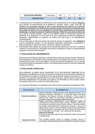 EVALUACIÓN PERSONAL Eliminatorio 20% 11 20
PUNTAJE TOTAL 100% 53 100
 La participación en la prueba de enlace previa a las evaluaciones es de carácter obligatorio
para verificar el funcionamiento de la plataforma, conexión, audio y video. Para ello, se
remitirá a los postulantes inscritos un único correo electrónico de invitación (a la dirección
electrónica consignada en el SISEP) para su acceso al aula virtual donde se efectuarán tanto
las pruebas de enlace como la evaluación de conocimientos, presentación de documentos
digitalizados y evaluación personal (Plataforma Moodle y Plataforma para Videoconferencia)
en la fecha y horario indicado, para lo cual deberán portar su documento nacional de
identidad. Si el postulante no se conecta a la hora programada se dará por finalizada la
evaluación, registrándose su ausencia, la misma que dará lugar a la descalificación
correspondiente.
 Para el desarrollo de todas las etapas del presente proceso de selección, será obligatorio
que los postulantes cuenten con los siguientes dispositivos electrónicos: computadora o
laptop conectada a internet con audio y cámara en óptimas condiciones.
 El postulante debe realizar las pruebas de los dispositivos electrónicos, así como, verificar la
conexión a internet previa a cada etapa del proceso de selección, siendo su responsabilidad
asegurar el correcto funcionamiento.
7.1 EVALUACIÓN DE CONOCIMIENTOS:
Evalúa los conocimientos requeridos en el perfil para el desarrollo de las funciones del puesto.
Esta evaluación es eliminatoria y tiene puntaje máximo de cuarenta (40) puntos y mínimo de
veintidós (22) puntos y es de tipo objetiva. Consta de veinte (20) preguntas, con un puntaje
de dos (02) puntos por respuesta correcta, no considerándose puntos en contra por respuesta
errónea o en blanco.
7.2 EVALUACIÓN CURRICULAR:
Esta evaluación se realiza previa presentación de la documentación digitalizada de los
postulantes en la plataforma virtual y comprende la verificación de la información señalada en
las declaraciones juradas en contraste con los documentos de sustento que anexa en su CV
respecto a los requisitos especificados en el perfil del puesto, además de las condiciones y
requisitos establecidos en la presente convocatoria. Es eliminatoria y tiene puntaje máximo
de cuarenta (40) puntos y mínimo de veinte (20) puntos.
Los requisitos solicitados en la presente convocatoria serán sustentados del siguiente modo:
Para el caso de: Se acreditará con:
Formación académica
Deberá presentarse obligatoriamente copia digitalizada legible de la
formación académica requerida en el perfil del puesto convocado
(Constancia de Egresado, Diploma de Bachiller o Título) según lo
solicitado. De contar con documentos adicionales relevantes para la
evaluación respectiva el postulante deberá adjuntarlos.
Experiencia laboral
Deberá presentarse obligatoriamente copia digitalizada legible de
certificados y/o constancias de trabajo, contratos, adendas, resoluciones
de encargo de funciones y término de las mismas u otros documentos
que prueben fehacientemente la experiencia requerida, en los que se
indique cargo o función o servicio prestado, fechas de inicio y finalización
del periodo laborado, información que debe coincidir de forma exacta
con lo Declarado en el Formato 1 de Cumplimiento de Requisitos.
Experiencia General:
El tiempo de experiencia laboral será contabilizado según las siguientes
consideraciones:
Para aquellos puestos donde se requiera formación técnica o
universitaria, la experiencia general se contabilizará a partir del momento
 