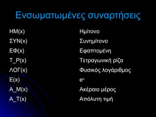 Ενσωματωμένες συναρτήσεις
ΗΜ(x)

Ημίτονο

ΣΥΝ(x)

Συνημίτονο

ΕΦ(x)

Εφαπτομένη

Τ_Ρ(x)

Τετραγωνική ρίζα

ΛΟΓ(x)

Φυσικός λογάριθμος

Ε(x)

ex

Α_Μ(x)

Ακέραιο μέρος

Α_Τ(x)

Απόλυτη τιμή

 