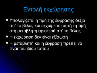 Εντολή εκχώρησης
 Υπολογίζεται

η τιμή της έκφρασης δεξιά
απ’ το βέλος και εκχωρείται αυτή τη τιμή
στη μεταβλητή αριστερά απ’ το βέλος
 Η εκχώρηση δεν είναι εξίσωση
 Η μεταβλητή και η έκφραση πρέπει να
είναι του ιδίου τύπου

 