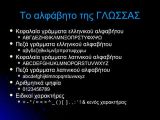 Το αλφάβητο της ΓΛΩΣΣΑΣ


Κεφαλαία γράμματα ελληνικού αλφαβήτου




Πεζά γράμματα ελληνικού αλφαβήτου




abcdefghijklmnopqrstuvwxyz

Αριθμητικά ψηφία




ABCDEFGHIJKLMNOPQRSTUVWXYZ

Πεζά γράμματα λατινικού αλφαβήτου




αβγδεζηθικλμνξοπρστυφχψω

Κεφαλαία γράμματα λατινικού αλφαβήτου




ΑΒΓΔΕΖΗΘΙΚΛΜΝΞΟΠΡΣΤΥΦΧΨΩ

0123456789

Ειδικοί χαρακτήρες


+ - * / = < > ^ _ ( ) [ ] . , : ‘ ! & κενός χαρακτήρας

 