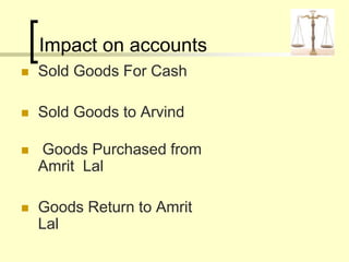 Impact on accounts
 Sold Goods For Cash
 Sold Goods to Arvind
 Goods Purchased from
Amrit Lal
 Goods Return to Amrit
Lal
 