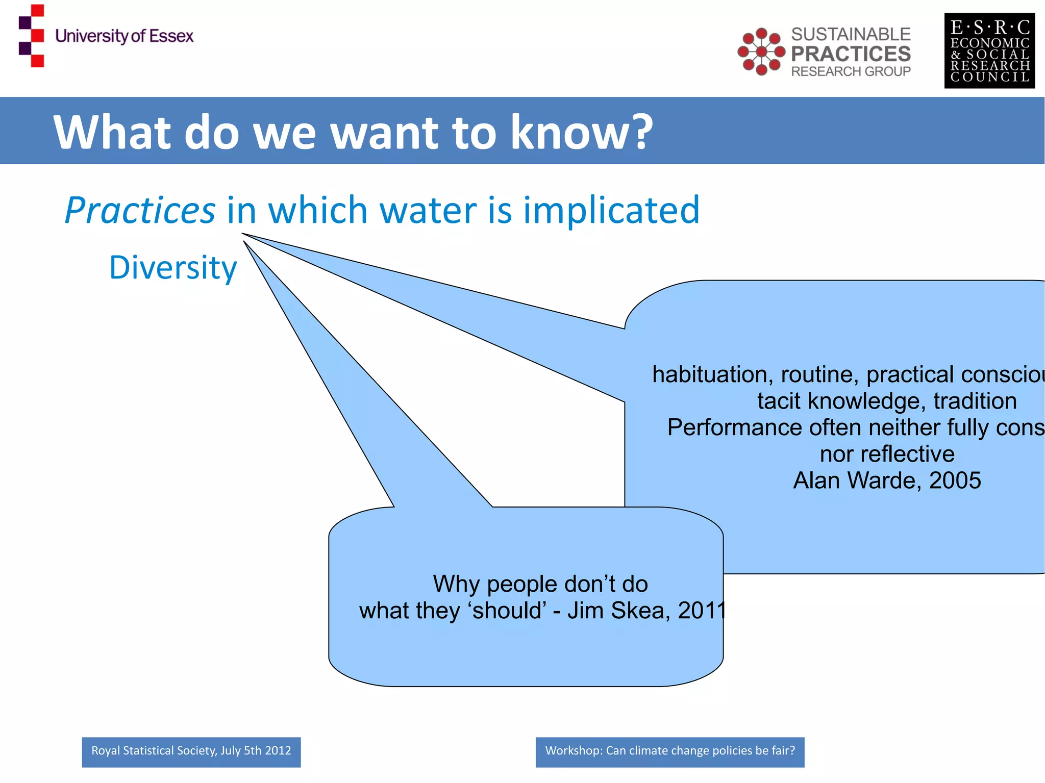 What do we want to know?
Practices in which water is implicated
    Diversity

                                                                                habituation, routine, practical consciou
                                                                                          tacit knowledge, tradition
                                                                                 Performance often neither fully cons
                                                                                                 nor reflective
                                                                                              Alan Warde, 2005



                                                   Why people don’t do
                                            what they ‘should’ - Jim Skea, 2011




 Royal Statistical Society, July 5th 2012                    Workshop: Can climate change policies be fair?
 