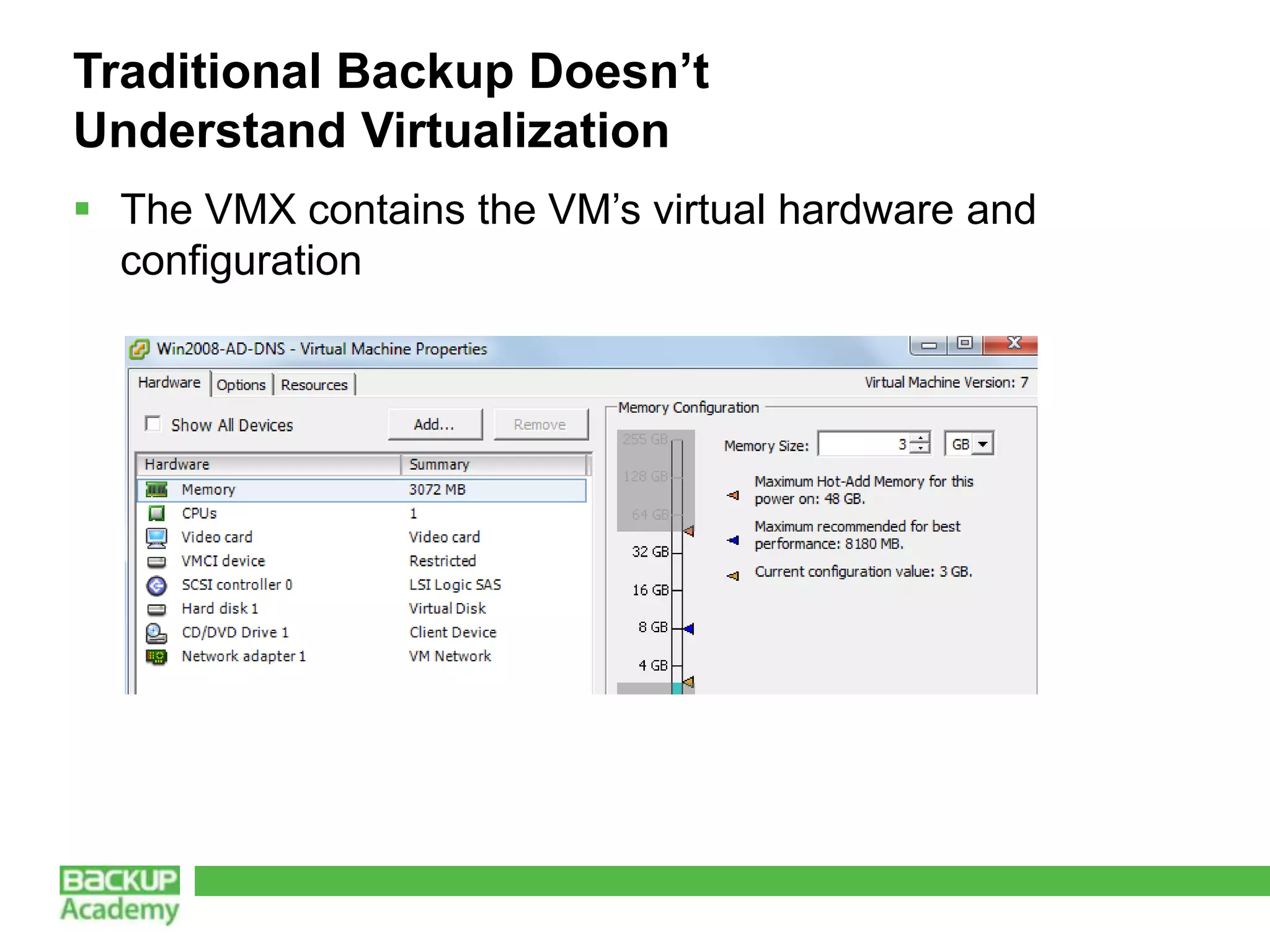 Traditional Backup Doesn’t
Understand Virtualization
 The VMX contains the VM’s virtual hardware and
  configuration
 