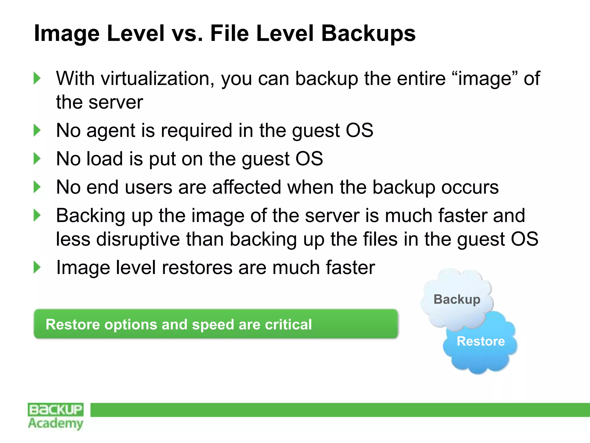 Image Level vs. File Level Backups
  With virtualization, you can backup the entire “image” of
  the server
  No agent is required in the guest OS
  No load is put on the guest OS
  No end users are affected when the backup occurs
  Backing up the image of the server is much faster and
  less disruptive than backing up the files in the guest OS
  Image level restores are much faster
                                              Backup
 Restore options and speed are critical
                                                 Restore
 