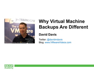 Why Virtual Machine
Backups Are Different
David Davis
Twitter: @davidmdavis
Blog: www.VMwareVideos.com
 