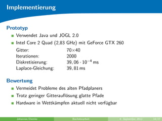 Implementierung
Prototyp
Verwendet Java und JOGL 2.0
Intel Core 2 Quad (2,83 GHz) mit GeForce GTX 260
Gitter: 70×40
Iterationen: 2000
Diskretisierung: 39, 06 · 10−4 ms
Laplace-Gleichung: 39, 81 ms
Bewertung
Vermeidet Probleme des alten Pfadplaners
Trotz geringer Gitterauﬂ¨osung glatte Pfade
Hardware in Wettk¨ampfen aktuell nicht verf¨ugbar
Johannes Diemke Bachelorarbeit 4. September 2012 14/17
 