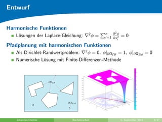 Entwurf
Harmonische Funktionen
L¨osungen der Laplace-Gleichung: 2φ = n
i=1
∂2φ
∂x2
i
= 0
Pfadplanung mit harmonischen Funktionen
Als Dirichlet-Randwertproblem: 2φ = 0, φ|∂ΩCB
= 1, φ|∂ΩZiel
= 0
Numerische L¨osung mit Finite-Diﬀerenzen-Methode
Johannes Diemke Bachelorarbeit 4. September 2012 9/17
 