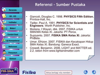 Referensi – Sumber Pustaka Giancoli, Douglas C. 1998.  PHYSICS Fifth Edition.  Printice-Hall, Inc. Tipller, Paul A. 1991.  PHYSICS for Scientists and Engineers . Worth Publisher, Inc. Muliana, I Wayan , dkk. 2007. FISIKA untuk SMA/MA Kelas X I . Jakarta: PT Perca. Supiyanto. 200 7 .  FISIKA SM A   Kelas XI . Jakarta:  PhiBeta . Umar, Efrizon .  2007. FISIKA dan Kecakapan Hidup SMA Kelas XI. Bandung: Ganeca Exact. Crowell, Benjamin. 2006. LIGHT and MATTER ed. 2.2.  taken from  www.lightandmatter.com 