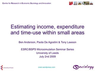 Estimating income, expenditure and time-use within small areas Ben Anderson, Paola De Agostini & Tony Lawson ESRC/BSPS Microsimulation Seminar Series University of Leeds July 2nd 2009 