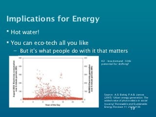 Implications for Energy
 Hot water!
 You can eco-tech all you like
  – But it’s what people do with it that matters
                                     H2 - low demand - little
                                     potential for shifting?




                                       Source: A.S. Bahaj, P.A.B. James
                                       (2007) “Urban energy generation: The
                                       added value of photovoltaics in social
                                       housing” Renewable and Sustainable
                                       Energy Reviews 11: 2121-2136
                                                             19
 
