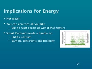 Implications for Energy
 Hot water!
 You can eco-tech all you like
   – But it’s what people do with it that matters

 Smart Demand needs a handle on
   – Habits, routines
   – Barriers, constraints and flexibility




                                                    21
 