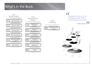© Aotea Studios
BA Overview
1
BA Core Skills
2
BA Lifecycle
3
BA Techniques
4
BA Techniques-
Insights
5
Project
Management
8
Security
Management
10
Regulation
11
SDLC
12
Service
Management
9
A guided tour into a terra
incognita is better than a
journey there on your own...
~ Aotea Studios
What s in the Book
BA Artifacts
6
Part II
Beyond Business
Analysis
Enterprise
Analysis
7
Part I
Business Analysis
Part III
Climbing Up
13 Build Up Your
Value
 