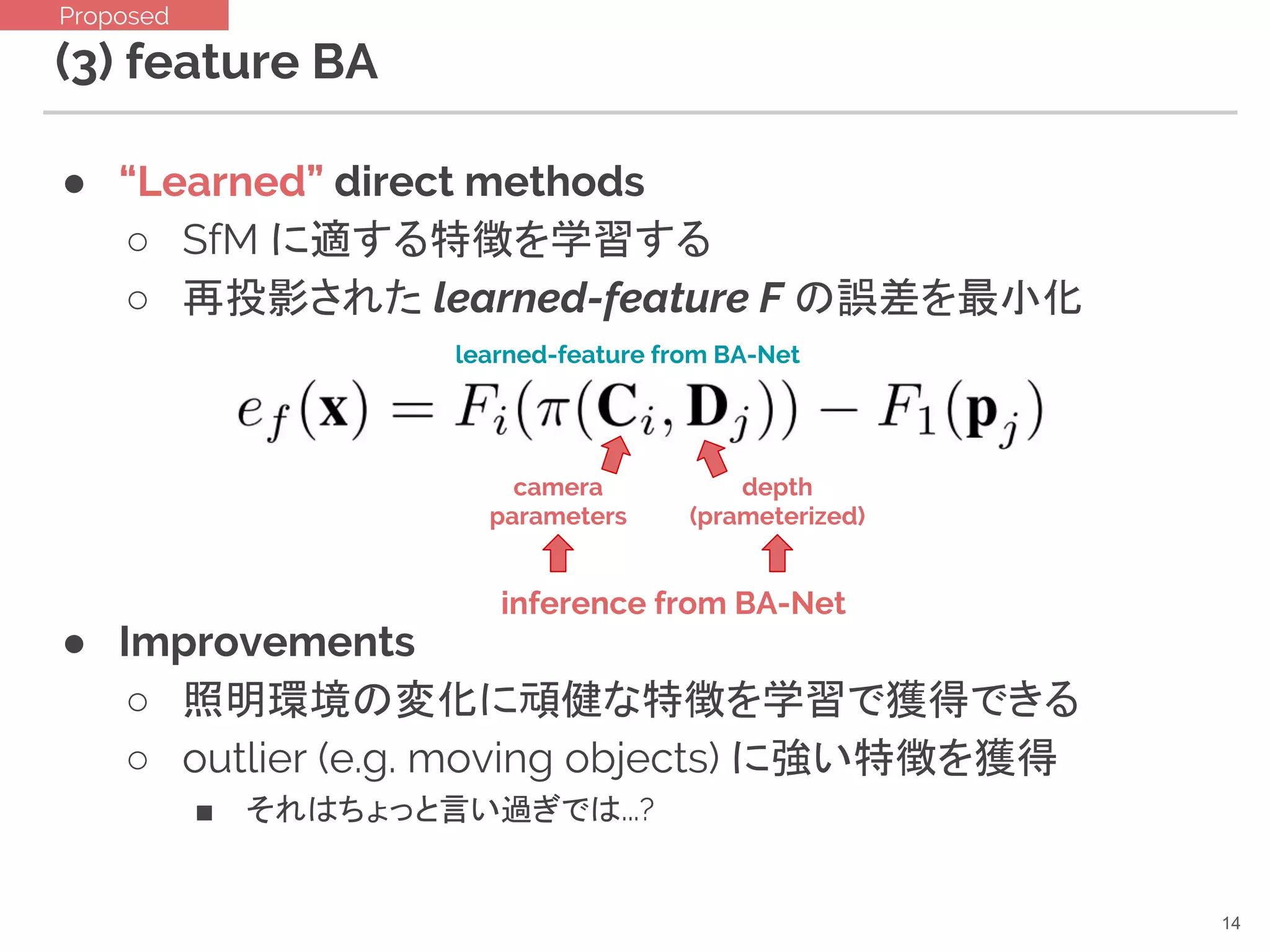 (3) feature BA
● “Learned” direct methods
○ SfM に適する特徴を学習する
○ 再投影された learned-feature F の誤差を最小化
● Improvements
○ 照明環境の変化に頑健な特徴を学習で獲得できる
○ outlier (e.g. moving objects) に強い特徴を獲得
■ それはちょっと言い過ぎでは...?
14
Proposed
camera
parameters
depth
(prameterized)
inference from BA-Net
learned-feature from BA-Net
 