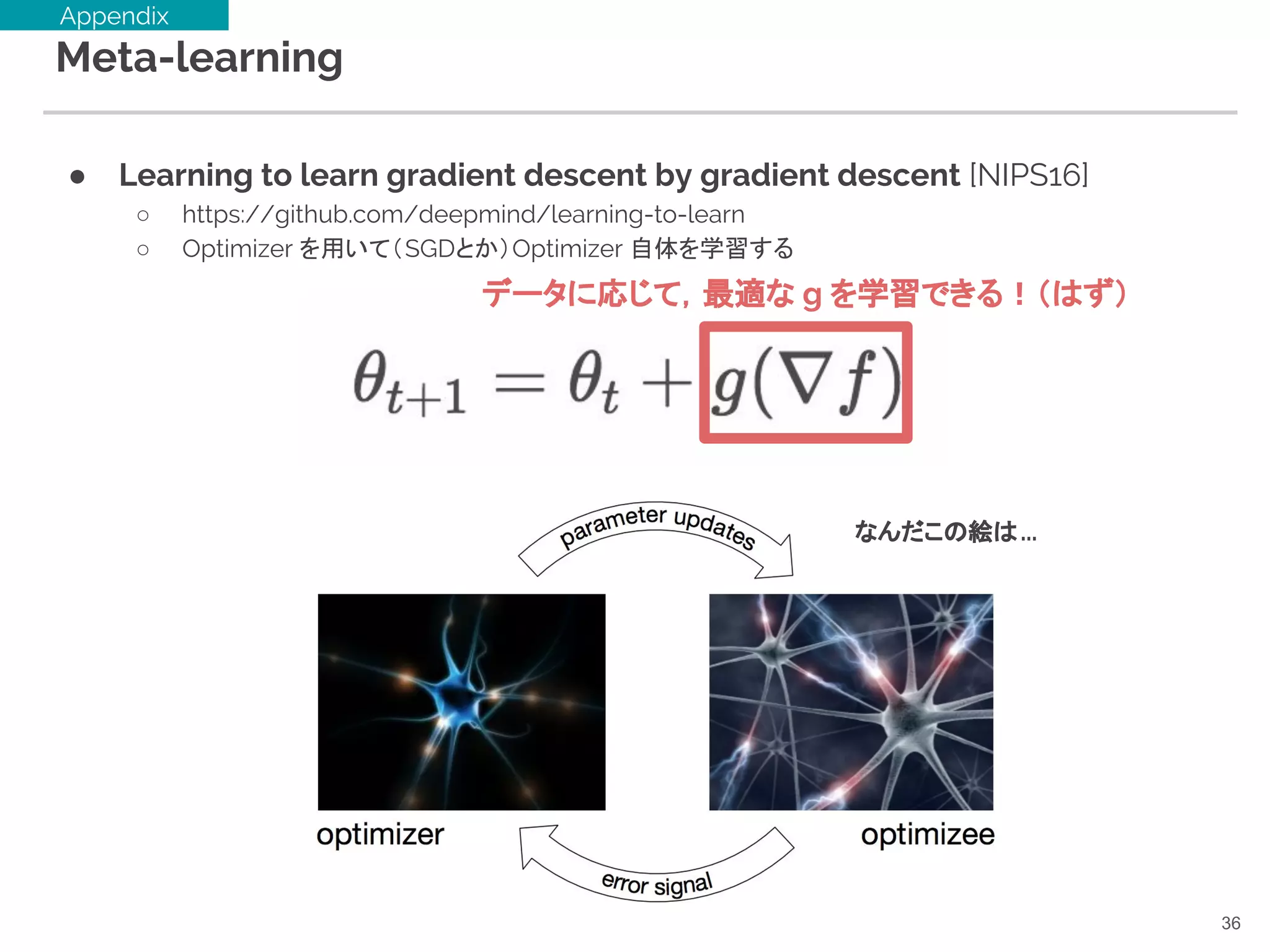 Meta-learning
● Learning to learn gradient descent by gradient descent [NIPS16]
○ https://github.com/deepmind/learning-to-learn
○ Optimizer を用いて（SGDとか）Optimizer 自体を学習する
36
Appendix
データに応じて，最適な g を学習できる！（はず）
なんだこの絵は...
 