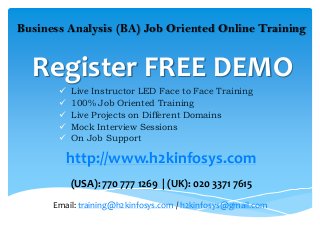 Business Analysis (BA) Job Oriented Online Training


  Register FREE DEMO
          Live Instructor LED Face to Face Training
          100% Job Oriented Training
          Live Projects on Different Domains
          Mock Interview Sessions
          On Job Support

           http://www.h2kinfosys.com
           (USA): 770 777 1269 | (UK): 020 3371 7615
      Email: training@h2kinfosys.com / h2kinfosys@gmail.com
 