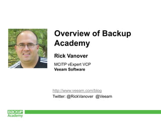 Overview of Backup  Academy Rick Vanover MCITP vExpert VCP Veeam Software http://www.veeam.com/blog Twitter: @RickVanover  @Veeam 