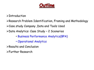 Introduction
Research Problem Identification, Framing and Methodology
Case study Company ,Data and Tools Used
Data Analytics: Case Study – 2 Scenarios
• Business Performance Analytics(BPA)
• Operational Analytics
Results and Conclusion
Further Research
 