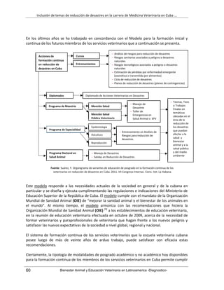 Inclusión de temas de reducción de desastres en la carrera de Medicina Veterinaria en Cuba ...
60 Bienestar Animal y Educación Veterinaria en Latinoamerica -Diagnostico-
Acciones de
formación continua
en reducción de
desastres en Cuba
Cursos
Entrenamientos
 Análisis de riesgos para reducción de desastres
 Riesgos sanitarios asociados a peligros o desastres
naturales
 Riesgos tecnológicos asociados a peligros o desastres
naturales
 Estimación de pérdidas por enfermedad emergente
(zoonótica o transmitida por alimentos)
 Ciclo de reducción de desastres
 Planes de reducción de desastres (planes de contingencias)
Diplomados Diplomado de Acciones Veterinarias en Desastres
Programa de Maestría Mención Salud
Animal
Programa de Especialidad
Mención Salud
Pública Veterinaria
 Manejo de
Desastres
 Taller de
Emergencias en
Salud Animal o SPV
Epidemiología
Avicultura
Reproducción
 Entrenamiento en Análisis de
Riesgos para reducción de
desastres.
Programa Doctoral en
Salud Animal
 Manejo de Desastres
 Salidas en Reducción de Desastres
 Tesinas, Tesis
o Trabajos
Finales en
temáticas
ubicadas en el
área de la
reducción de
los desastres
que puedan
afectar a la
salud y
bienestar
animal y a la
salud pública
y del medio
ambiente
Fuente: Suárez, Y. Organigrama de variantes de educación de posgrado en la formación continua de los
veterinarios en reducción de desastres en Cuba. 2011. VII Congreso Internac. Cienc. Vet. La Habana.
En los últimos años se ha trabajado en concordancia con el Modelo para la formación inicial y
continua de los futuros miembros de los servicios veterinarios que a continuación se presenta.
Este modelo responde a las necesidades actuales de la sociedad en general y de la cubana en
particular y se diseña y ejecuta cumplimentando las regulaciones e indicaciones del Ministerio de
Educación Superior de la República de Cuba. El modelo cumple con el mandato de la Organización
Mundial de Sanidad Animal (OIE) de “mejorar la sanidad animal y el bienestar de los animales en
el mundo”. Al mismo tiempo, el modelo armoniza con las recomendaciones que hiciera la
Organización Mundial de Sanidad Animal (OIE) [9]
a los establecimientos de educación veterinaria,
en la reunión de educación veterinaria efectuada en octubre de 2009, acerca de la necesidad de
formar veterinarios y paraprofesionales de veterinaria que hagan frente a los nuevos peligros y
satisfacer las nuevas expectativas de la sociedad a nivel global, regional y nacional.
El sistema de formación continua de los servicios veterinarios que la escuela veterinaria cubana
posee luego de más de veinte años de arduo trabajo, puede satisfacer con eficacia estas
recomendaciones.
Ciertamente, la tipología de modalidades de posgrado académico y no académico hoy disponibles
para la formación continua de los miembros de los servicios veterinarios en Cuba permite cumplir
 