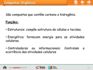 Compostos Orgânicos                             Início   Voltar   Próximo




São compostos que contêm carbono e hidrogênio.

Funções:

• Estruturais: compõe estrutura de células e tecidos.

• Energética: fornecem energia para as atividades
celulares.

• Controladoras ou informacionais:       Controlam          a
ocorrência das atividades celulares



  www.sejaetico.com.br                                             11
 