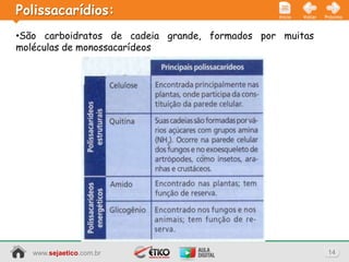 Polissacarídios:                                Início   Voltar   Próximo



•São carboidratos de cadeia grande, formados por muitas
moléculas de monossacarídeos




   www.sejaetico.com.br                                            14
 