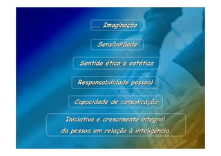 ... Imaginação

           Sensibilidade

      Sentido ético e estético

     Responsabilidade pessoal

    Capacidade de comunicação

 Iniciativa e crescimento integral
da pessoa em relação à inteligência.
 